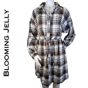 New Blooming Jelly Shirt Dress XL Brown Plaid Stretch Flannel Cowgirl Western